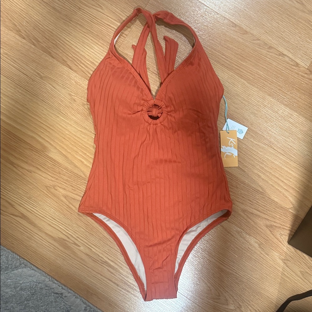 Girls' Orange Ribbed One-Piece Swimsuit with Twist Front sizeS(4-6)…131
